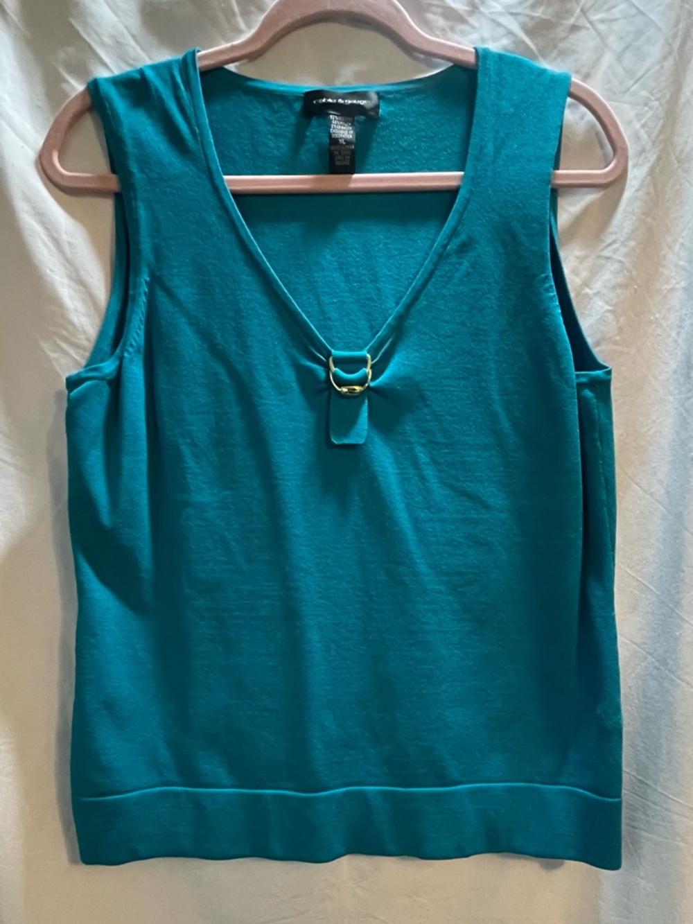 Cable & Gauge Teal Sleeveless V-Neck Top Gold Ring Detail XL